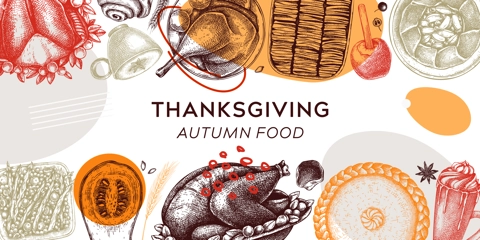 Thanksgiving dinner collage. Fall food and drinks trendy frame design. Vintage  turkey, vegetables, pies, and hot drinks sketches. Vector autumn food template. Thanksgiving background
